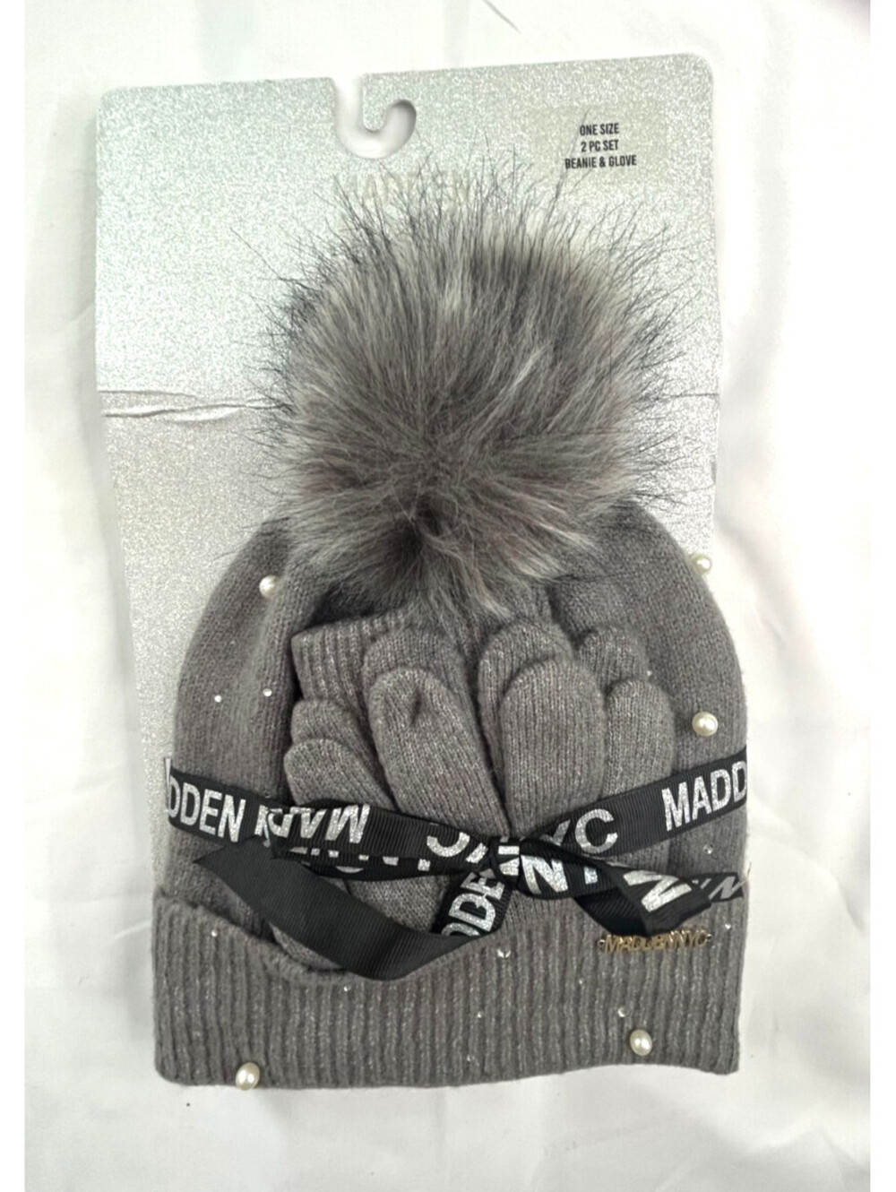 Steve Madden Beanie Glove Set Gray Pearl Embellished Pom Knit 2 PC Set Gift NWT